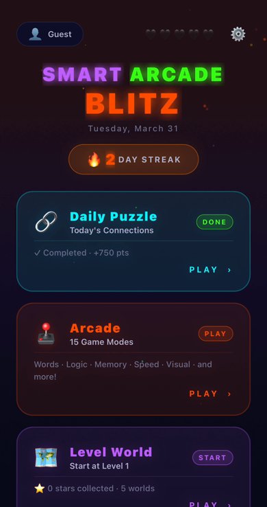 Smart Arcade Blitz Home Screen